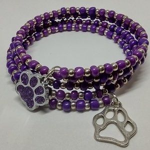 Violet Seed Bead 4 Stand  Memory Wire Bracelet with Silver Beads and Dog Paws